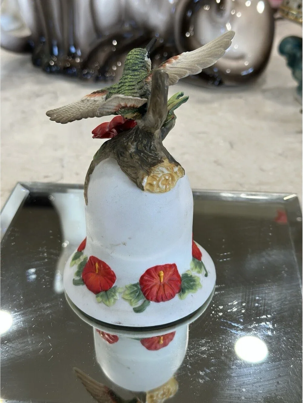 Vintage painted matte bisque porcelain hummingbird decorative bell 1970-1980s